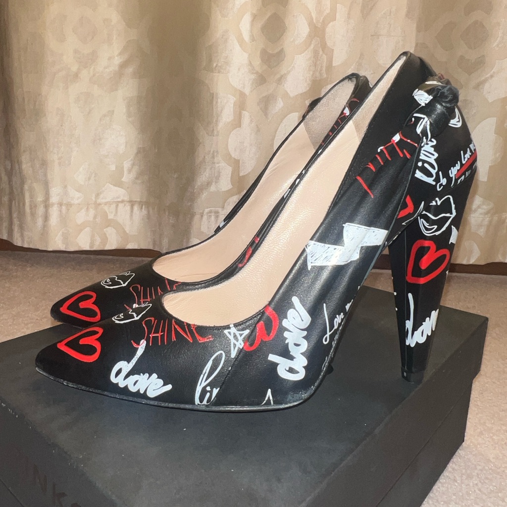 Stunning Pinko Black & White Heels With Red Love Accents